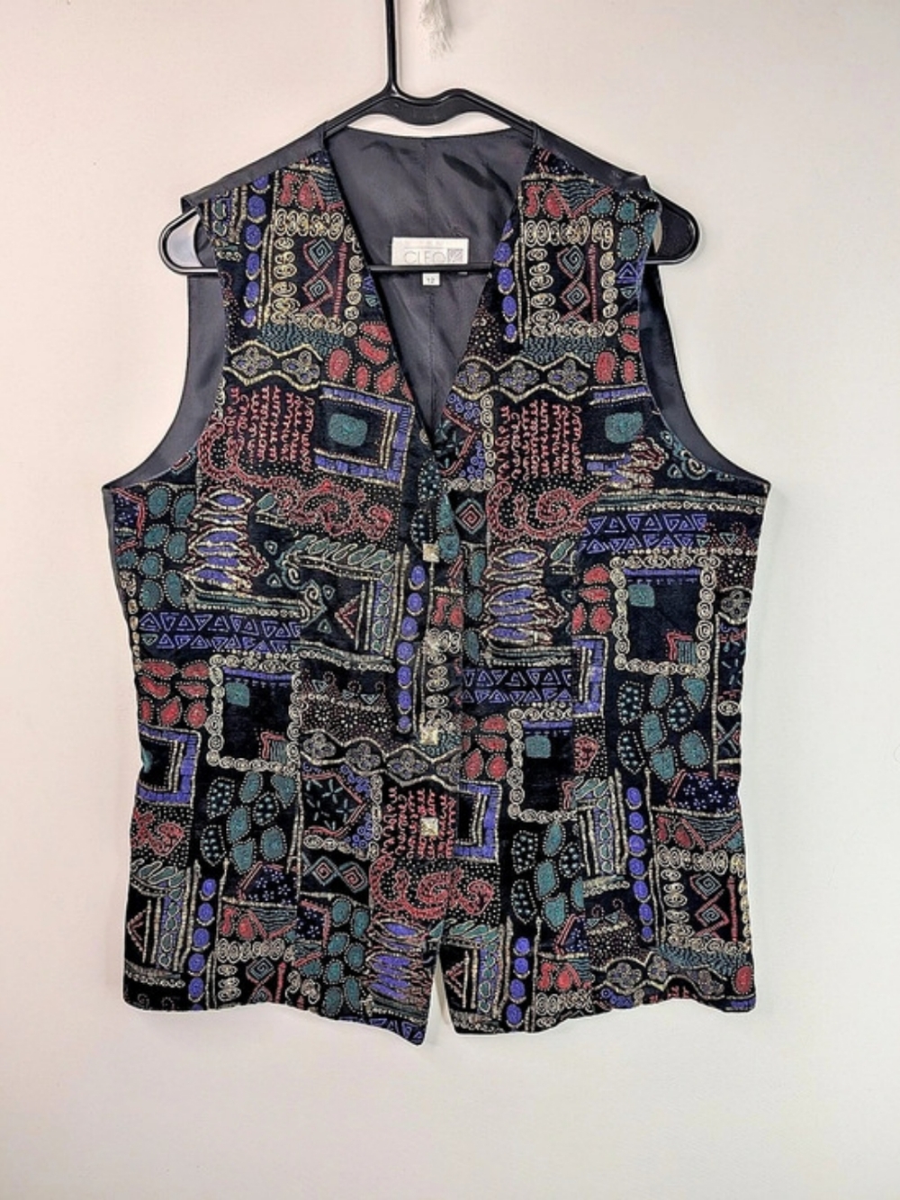 Vintage Cleo Beaded Pattern Vest in Black & Multicolor Size 12 Like New